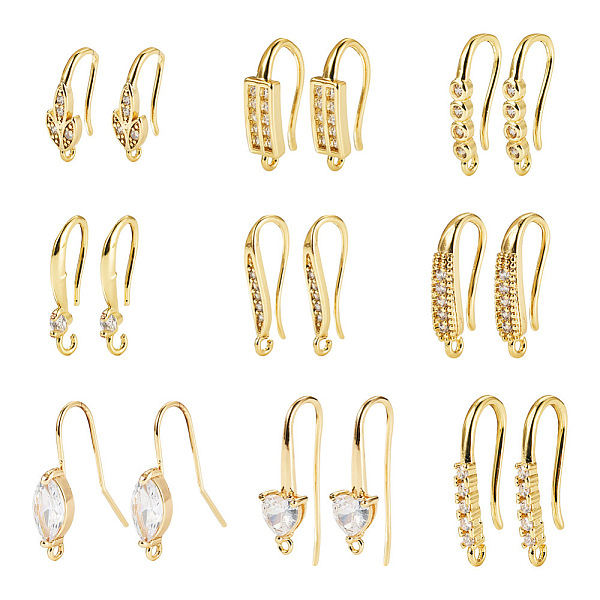 

PandaHall 18Pcs 9 Style Brass with Cubic Zirconia Earring Hooks, Ear Wire with Loops, Real 18K Gold Plated, 16~23x2~17x2.5mm, Hole: 1~2mm...