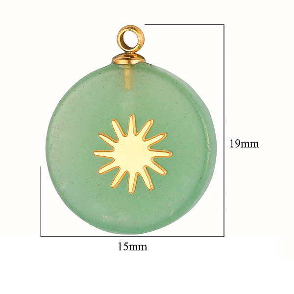 

PandaHall Natural Green Aventurine Pendants, Flat Round Charms, with Golden Tone Stainless Steel Sun Slice, 18~19x15x3.7~4.1mm Green...