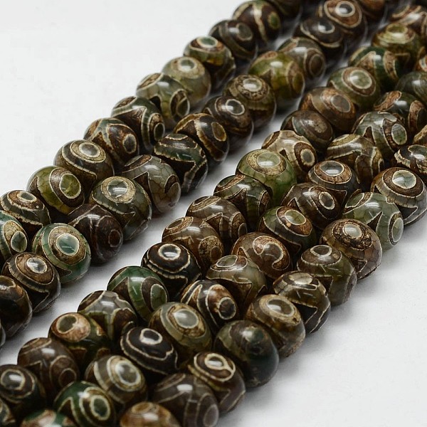 

PandaHall Tibetan Style 3-Eye dZi Beads Strands, Natural Agate Beads, Dyed & Heated, Rondelle, Dark Olive Green, 14~14.5x9.5~10mm, Hole...