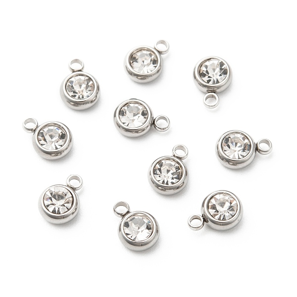 

PandaHall 201 Stainless Steel Rhinestone Charms, April Birthstone Charms, Flat Round, Stainless Steel Color, Crystal, 8.5x6x3mm, Hole: 1.5mm..., Clear