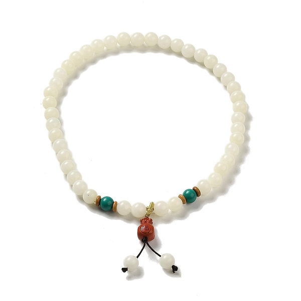 Pulsera Elástica Con Cuentas De Raíz De Bodhi De Jade Blanco Y Turquesa Sintética Con Amuleto De Bolso De La Suerte De Cinabrio