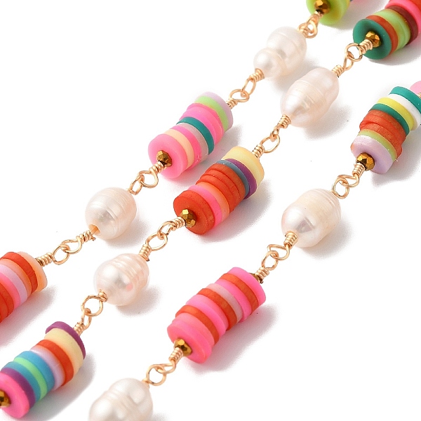 

PandaHall Natural Pearl Beaded Chains, Heishi Polymer Clay Link Chains, with Golden Tone Brass Findings, with Spool, Cadmium Free & Lead..., Multicolor