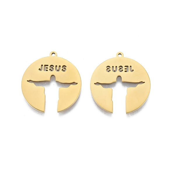 

PandaHall Ion Plating(IP) 201 Stainless Steel Pendant, Hollow Charms, Flat Round with Word JESUS, Real 18K Gold Plated, 27x25x1.5mm, Hole...