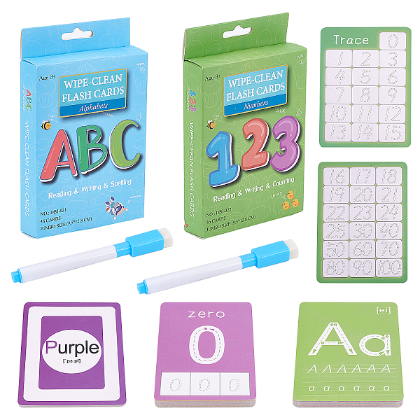 PandaHall SUPERFINDINGS 2 Boxes 2 Style Flashable English Numbers Flash Card with Pen Dry Erase Alphabet and Number Flash Card Write and...