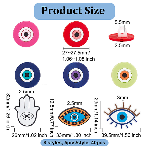 

PandaHall Olycraft 40Pcs 8 Style PVC Straw Charms, Evil Eye & Hamsa Hand, Mixed Color, 19.5~32x26~39.5x2.5~3mm, Hole: 5.5mm, 5pcs/style..., Multicolor