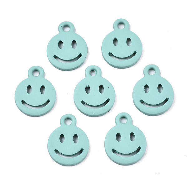 

PandaHall Spray Painted Alloy Charms, Cadmium Free & Lead Free, Flat Round with Smiling Face, Pale Turquoise, 12.5x9.5x1.5mm, Hole: 1.5mm...
