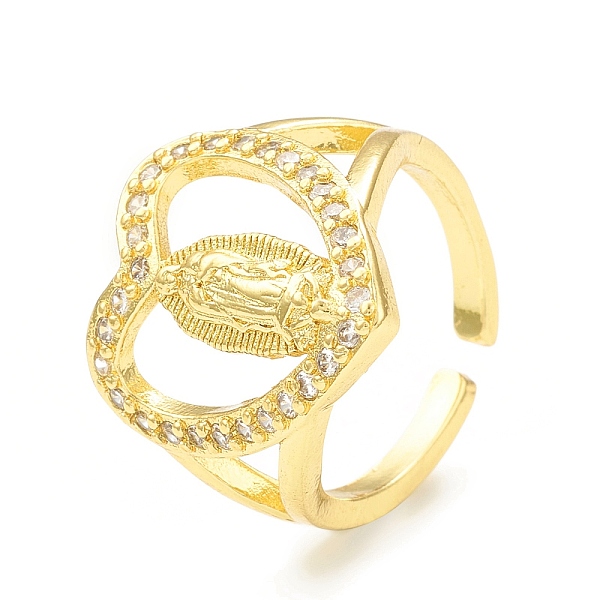

PandaHall Clear Cubic Zirconia Heart with Virgin Mary Open Cuff Ring, Brass Jewelry for Women, Cadmium Free & Lead Free, Real 18K Gold...