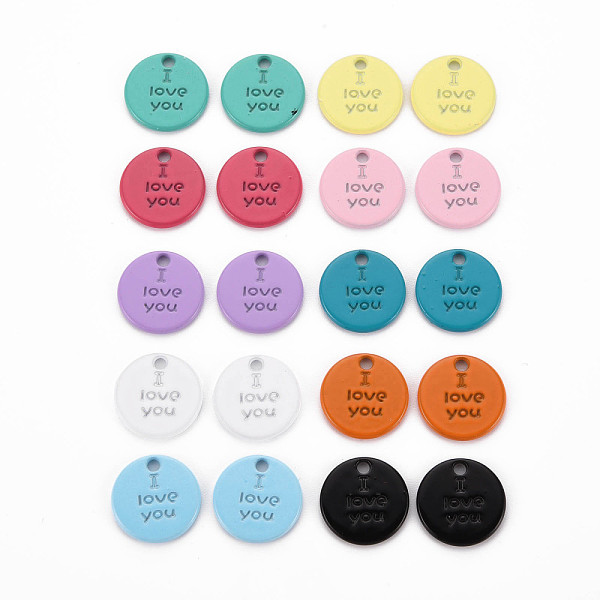 

PandaHall Spray Painted Alloy Charms for Valentine's Day, Cadmium Free & Lead Free, Flat Round with Phrase I Love You, Mixed Color..., Multicolor