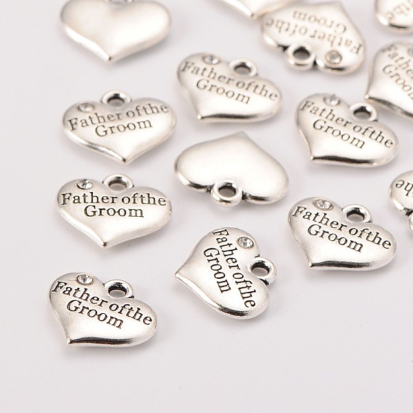 

PandaHall Wedding Theme Antique Silver Tone Tibetan Style Heart with Father of the Groom Rhinestone Charms, Crystal, 14x16x3mm, Hole: 2mm..., Clear