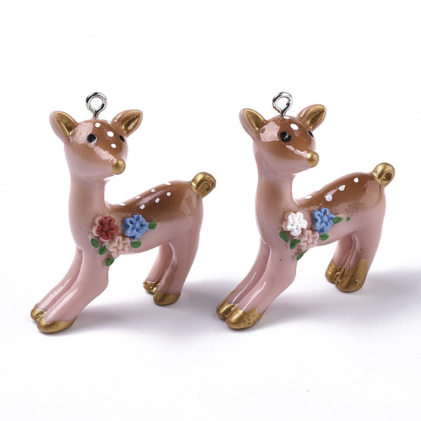 

PandaHall Resin Pendants, with Platinum Tone Iron Loop, Sika Deer, Rosy Brown, 43~44.5x37x17mm, Hole: 2mm Iron+Resin Deer Brown