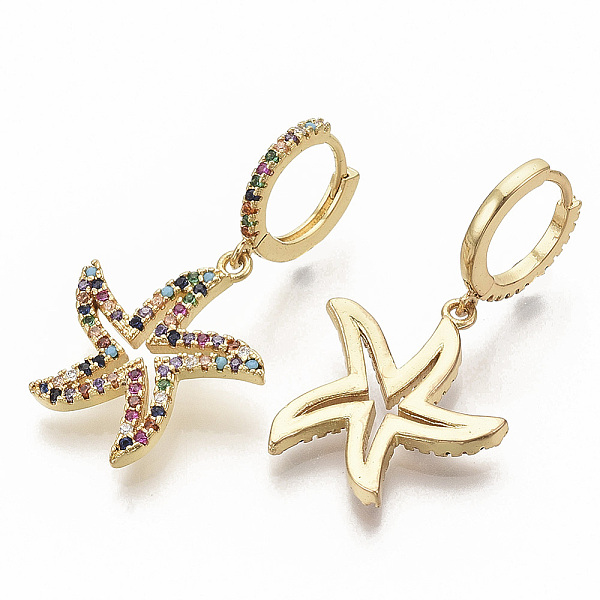 

PandaHall Brass Micro Pave Colorful Cubic Zirconia Dangle Hoop Earrings, Starfish/Sea Stars, Real 16K Gold Plated, 35.5mm, Pin: 1x1mm Cubic...