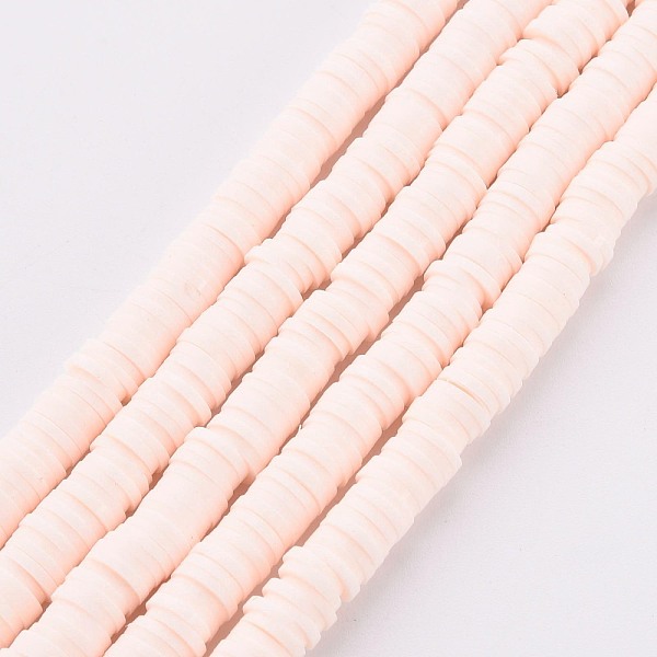 

PandaHall Handmade Polymer Clay Bead Strands, Heishi Beads, Disc/Flat Round, PeachPuff, 6x0.5~1mm, Hole: 2mm, about 320~447pcs/strand, 15.74..., Brown
