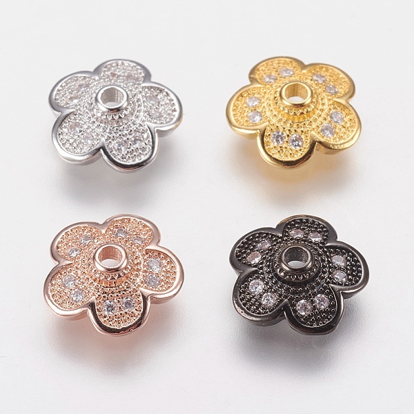 

PandaHall Brass Micro Pave Cubic Zirconia Bead Cap, 5-Petal, Mixed Color, 10x3mm, Hole: 1mm Brass+Cubic Zirconia Clear