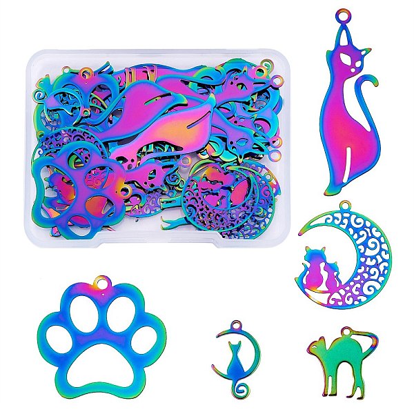 

PandaHall 40Pcs 5 Style Ion Plating(IP) 201 Stainless Steel Pendants, ack Plating 304 Stainless Steel Charms, Kitten Pendants, Halloween...