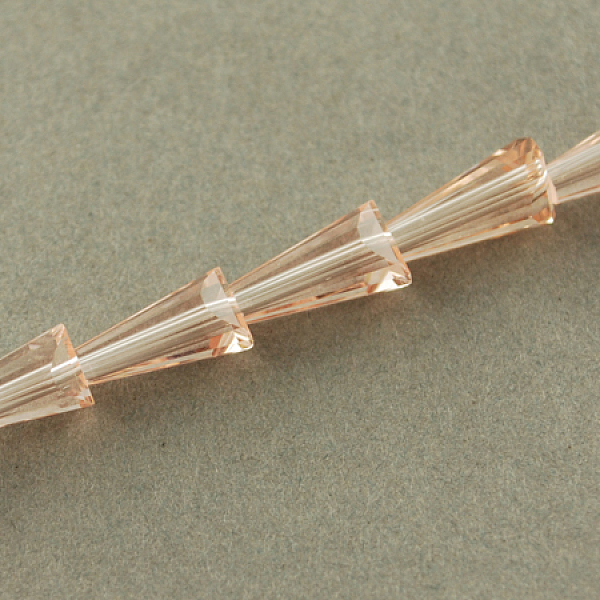 

PandaHall Transparent Glass Beads Strands, Pearlized, Faceted, Cone, Bisque, 12x6x6mm, Hole: 2mm, about 47~49pcs/strand, 18.70~19.49inch..., Orange