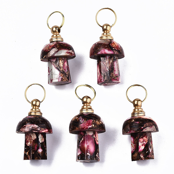 PandaHall Assembled Synthetic Bronzite and Imperial Jasper Openable Perfume Bottle Pendants, with Light Gold Brass Findings, Dyed, Mushroom...