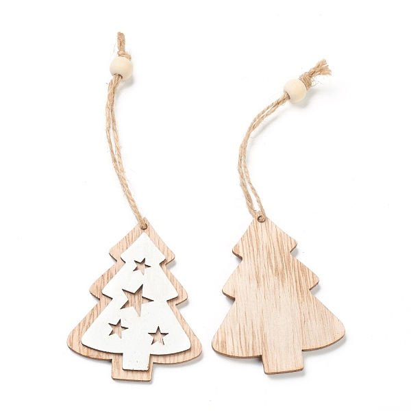 

PandaHall Christmas Theme Natural Wood Pendant Decorations, with Hemp Cord & Bead, Christmas Tree, White, 170mm, 2pcs/bag Wood Tree White