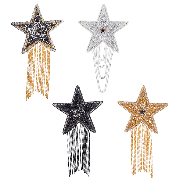 PandaHall Fingerinspire Sparkling Rhinestone Iron on Patches, Appliques, with Iron Ball Chain Tassels, Costume Accessories, for Clothes, Bag...