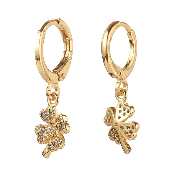 

PandaHall Brass Micro Pave Cubic Zirconia Huggie Hoop Earrings, Clover, Colorful, Golden, 27mm, Pin: 1mm Brass Clover