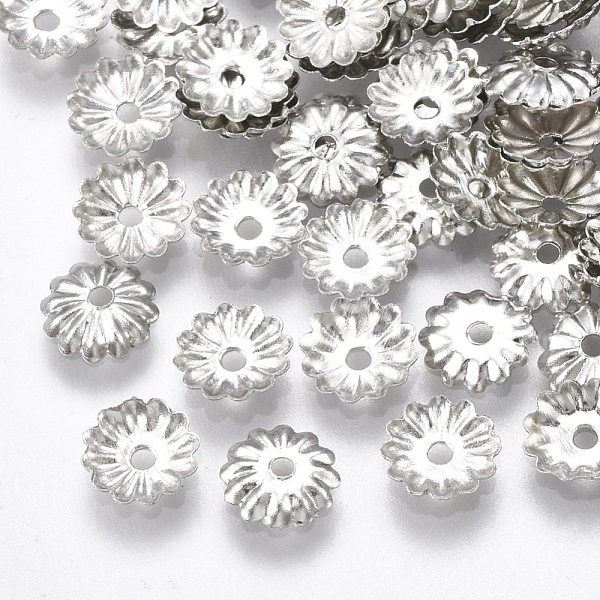 

PandaHall Iron Bead Caps, Nickel Free, Flower, Platinum, 6x1mm, Hole: 1mm Iron