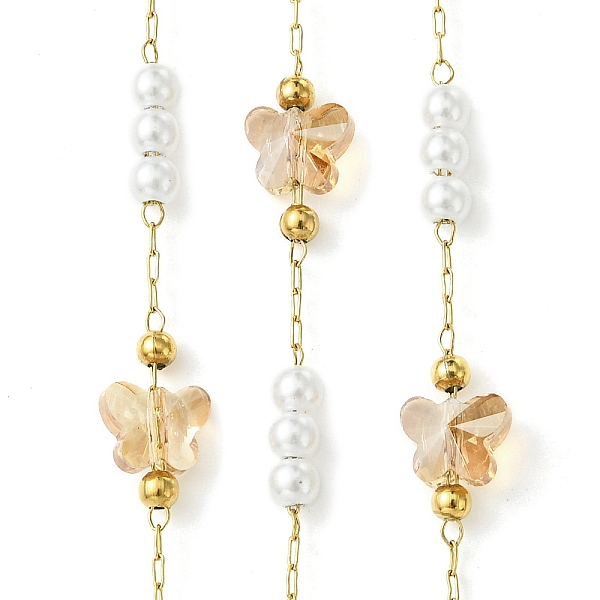 

PandaHall 10M Ion Plating(IP) 304 Stainless Steel & ABS Plastic Pearl Bead & Butterfly Glass Link Chains, Soldered, with Spool, Real 18K..., Orange