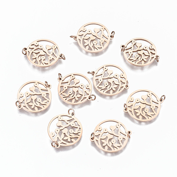 

PandaHall 304 Stainless Steel Links Connectors, Laser Cut, Flat Round with Flower, Rose Gold, 14x17x1mm, Jump Ring: 3x0.4mm, 2.2mm inner...