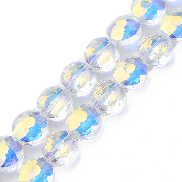 

PandaHall Electroplate Transparent Glass Beads Strands, Faceted, Flat Round, Clear AB, 10x6mm, Hole: 0.9mm, about 70pcs/strand, 27.95 inch..., White