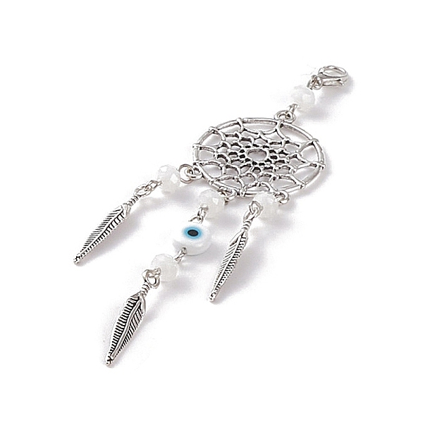 

PandaHall Woven Net/Web with Feather Tibetan Style Alloy Pendant Decorations, Evil Eye Lobster Clasp Charms, Clip-on Charms, for Keychain..., White