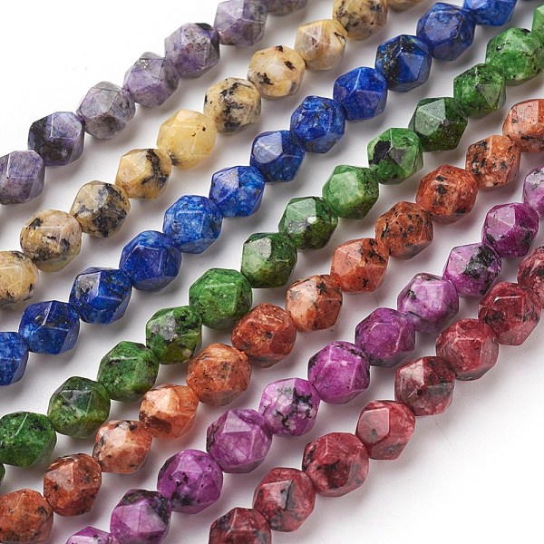 

PandaHall Natural Sesame Jasper/Kiwi Jasper Beads Strands, Star Cut Round Beads, Dyed, Faceted, Mixed Color, 7~8mm, Hole: 1mm, about..., Multicolor