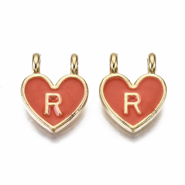 

PandaHall Alloy Enamel Charms, Cadmium Free & Lead Free, Heart with Initial Letters, Light Gold, Orange Red, Letter.R, 14.5x11.5x4.5mm, Hole...