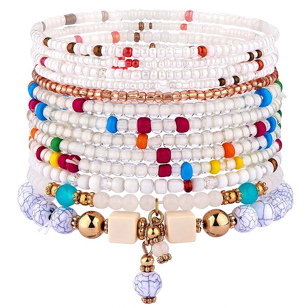 

PandaHall 11Pcs Boho Seed Beads Stretch Bracelets Set, Multilayered Stackable Bracelets, Colorful Beaded Charm Surfer Bracelets for Women..., White