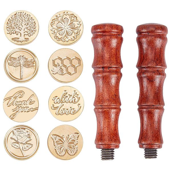 

PandaHall CRASPIRE DIY Scrapbook, Brass Wax Seal Stamp and Wood Handle Sets, Golden, 25x14mm, 10pcs/set Brass