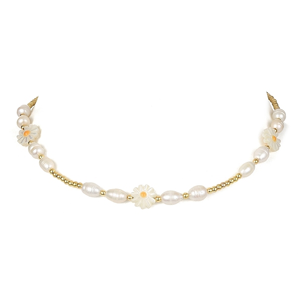 

PandaHall Shell Pearl Flower & Alloy Round Beaded Necklace, Golden, 16.30 inch(41.4cm) Shell Flower
