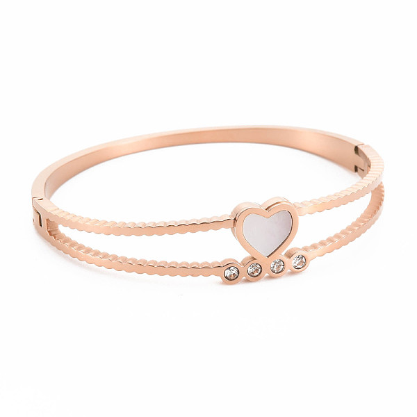 

PandaHall Natural Shell Heart Bangle with Rhinestone, Stainless Steel Hinged Bangle for Women, Rose Gold, Inner Diameter: 2x2-1/4 inch...