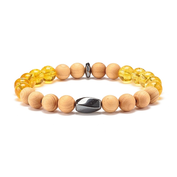 Natural Gemstone & Wood & Synthetic Hematite Stretch Bracelet