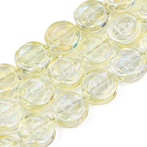 

PandaHall Electroplate Glass Beads Strand, AB Color, Flat Round with Rose Flower, Light Yellow, 10x4mm, Hole: 0.9mm, about 65~66pcs/strand...