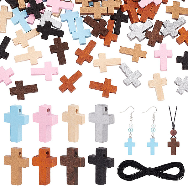 

PandaHall 128Pcs 8 Styles Wood Dyed Pendants, Religion Cross Charms, with 1 Bundle Winding Waxed Polyester Cord, Mixed Color..., Multicolor