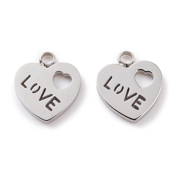 

PandaHall 304 Stainless Steel Charms, Laser Cut, Heart with Word Love, for Valentine's Day, Stainless Steel Color, 12.5x11x1.5mm, Hole...