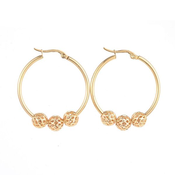 

PandaHall 304 Stainless Steel Hoop Earrings, with Real 18K Gold Plated Brass Hollow Round Beads, Golden, 37.5x34x2~7.5mm, Pin: 1x0.5mm 304...