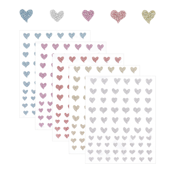 PandaHall AHANDMAKER 5 Sheets Glitter Heart Nail Stickers, 5 Colors Plastic Glitter Heart Stickers for Crafts, Bling Valentine's Day Nails...