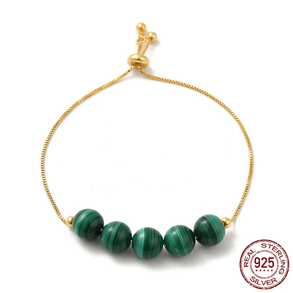

PandaHall 925 Sterling Silver Slider Bracelets, with Synthetic Malachite Round Beaded, with S925 Stamp, Real 18K Gold Plated, 8-5/8 inch...