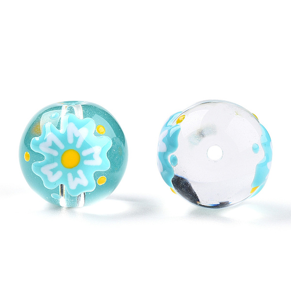 

PandaHall Transparent Handmade Lampwork Beads, Round with Flower Pattern, Cyan, 17x16x15mm, Hole: 1.8~2mm Lampwork Round Cyan