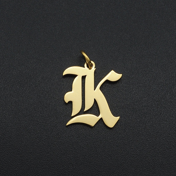 

PandaHall 201 Stainless Steel Pendants, with Jump Ring, Old English, Letter, Laser Cut, Golden, Letter.K, 16x14x1mm, Hole: 3mm 201 Stainless...