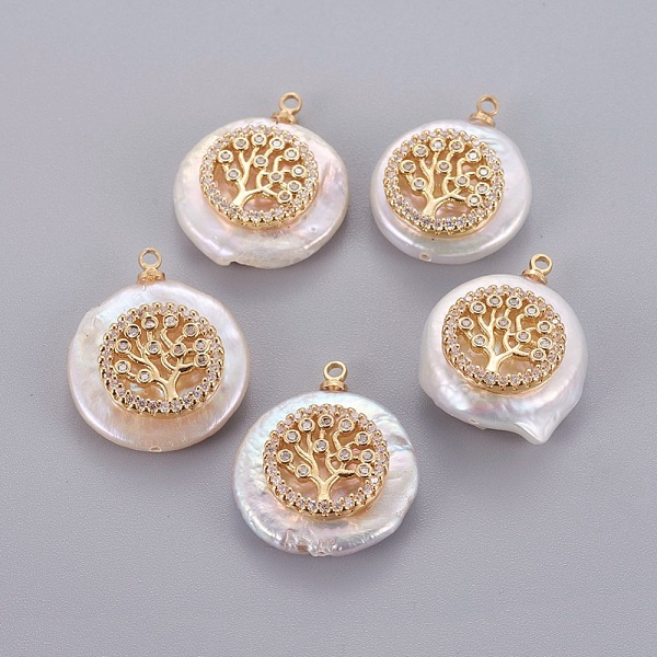 

PandaHall Natural Cultured Freshwater Pearl Pendants, with Brass Micro Pave Cubic Zirconia Cabochons, Nuggets with Flat Round with Tree of..., Clear