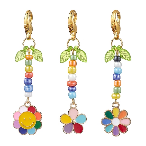 

PandaHall 3Pcs Glass Seed Bead Pendant Decorations, with Alloy Enamel Flower Charms, Colorful, 64.5~66.5mm, 3pcs/set Glass Flower