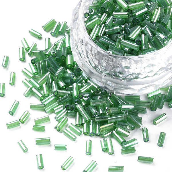 

PandaHall Transparent Colours Luster Glass Bugle Beads, Round Hole, Sea Green, 3~8x2mm, Hole: 0.7mm, about 450g/pound Glass