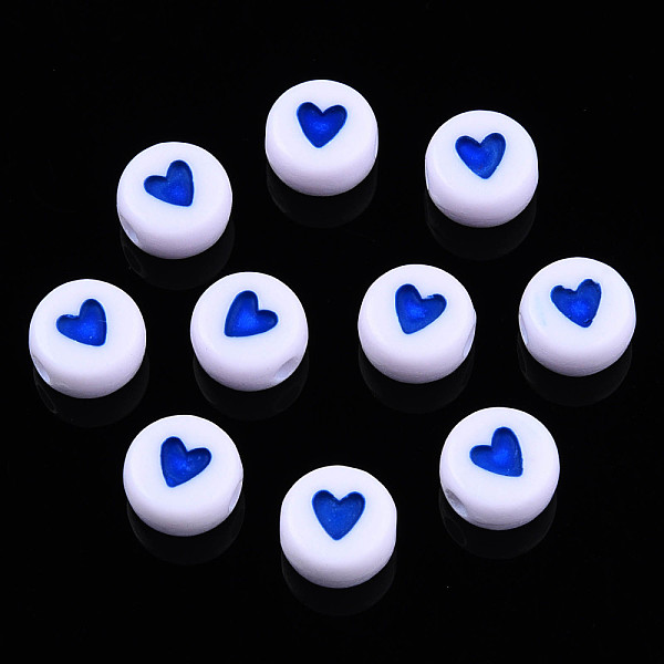 PandaHall Opaque Acrylic Beads, with Enamel, Flat Round with Heart, Medium Blue, 7x3.5mm, Hole: 1.2mm, about 3600~3700pcs/500g Acrylic Flat...