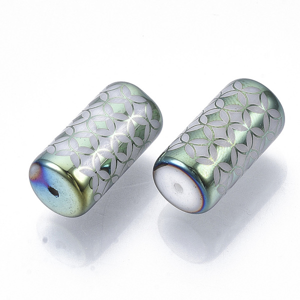 

PandaHall Electroplate Glass Beads, Column with Flower Pattern, Aquamarine, 20x10mm, Hole: 1.2mm, about 50pcs/bag Glass Flower Green