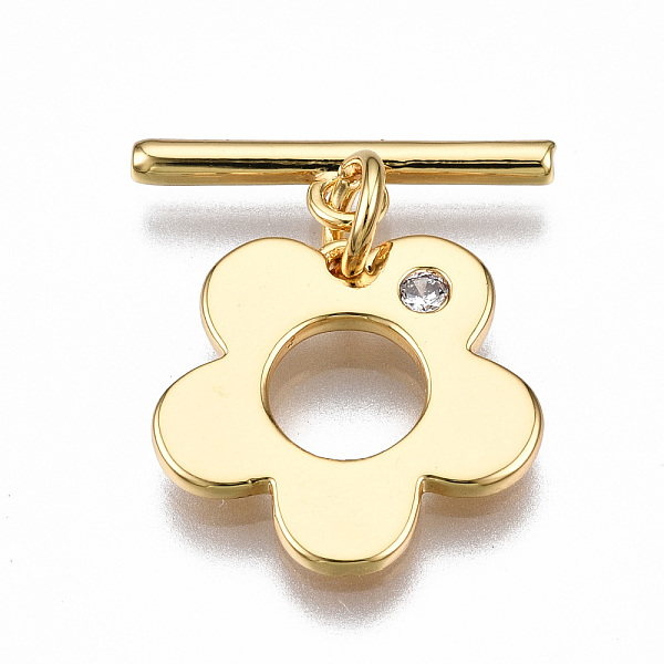 

PandaHall Brass Micro Pave Clear Cubic Zirconia Toggle Clasps, Nickel Free, Flower, Real 18K Gold Plated, 20mm long, Bar: 16x4x1.5mm, hole...