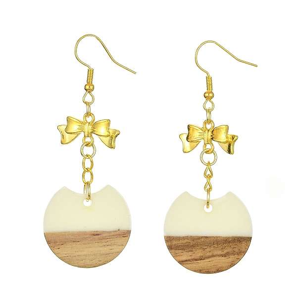 

PandaHall Resin & Walnut Wood Dangle Earrings, Golden Alloy Bowknot Long Drop Earrings, Flat Round, 63x24.5mm. Resin Flat Round